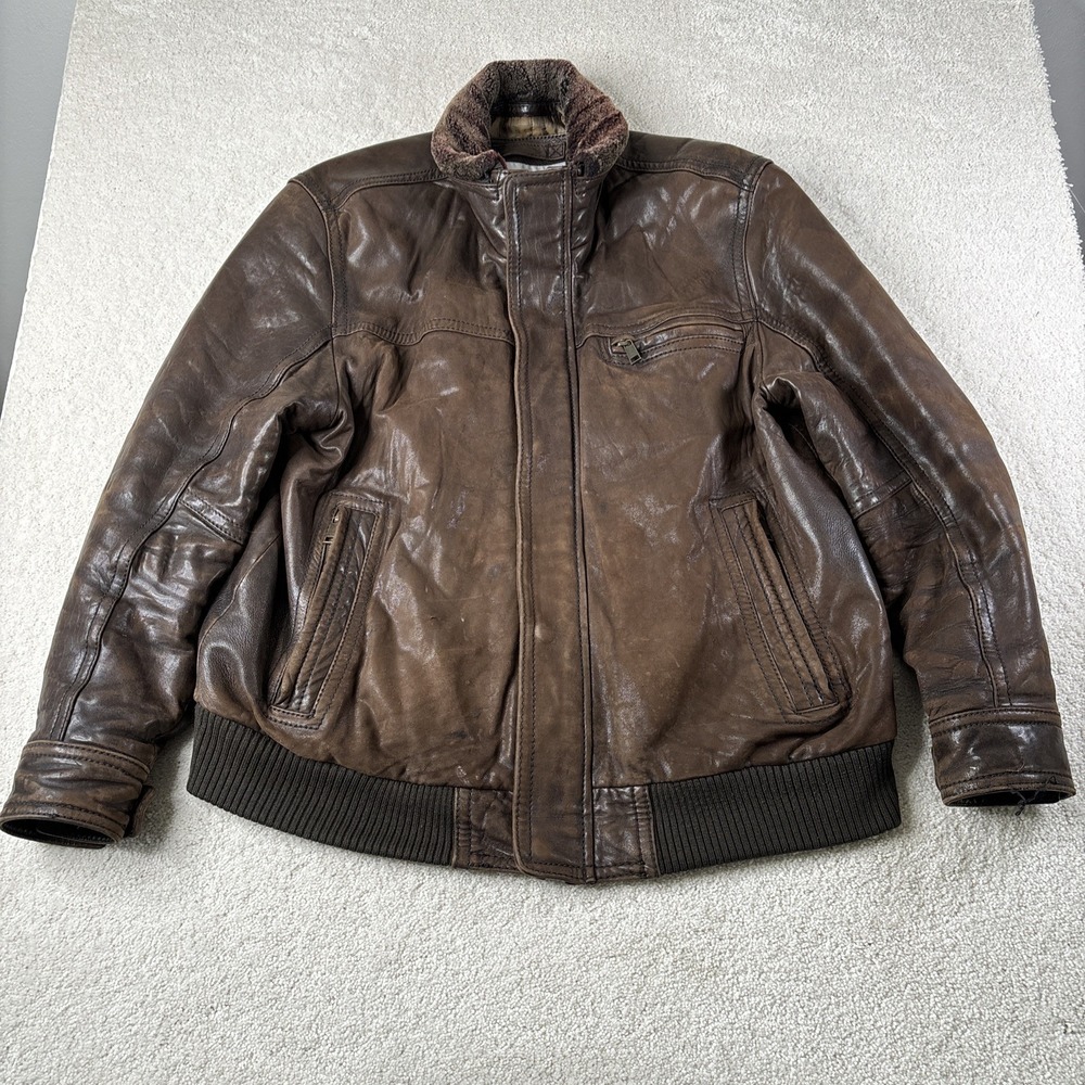 Andrew Marc New York Leather Flight Bomber Jacket Brown Lamb Shearling Collar XL